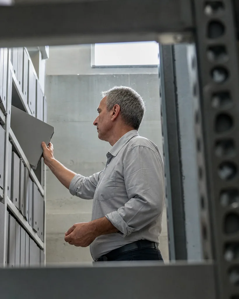 A man pulling a ring binder from a shelf of labelled binders in a finance office