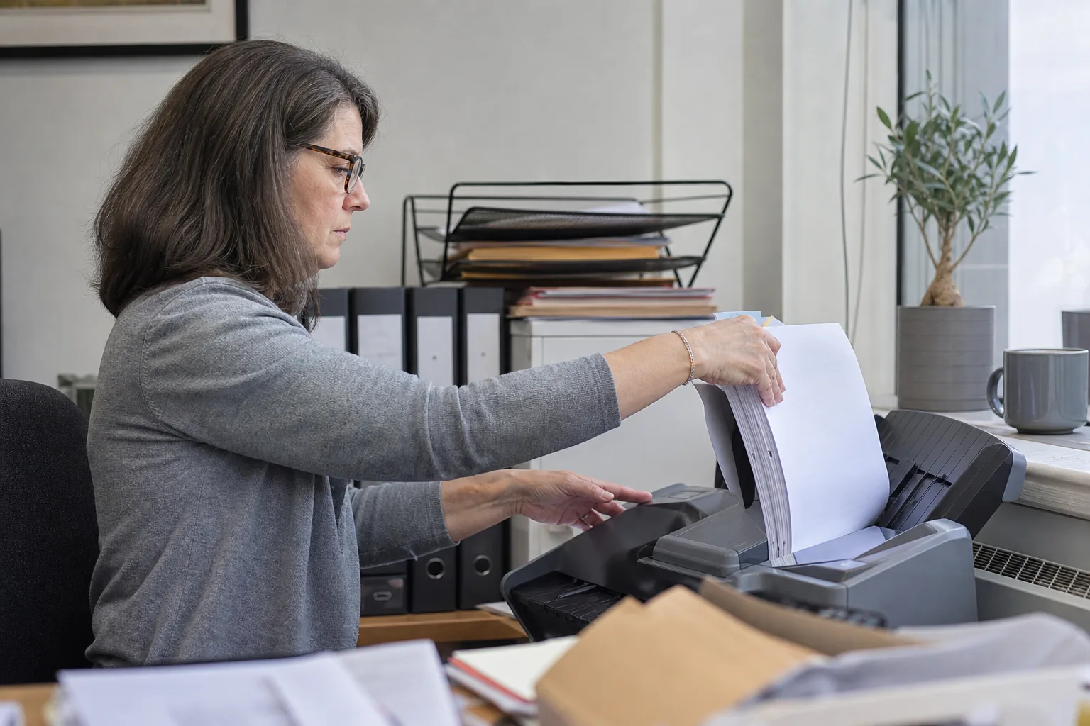 An office administrator feeding a stack of stapled paper into a desktop scanner beside wire trays of folders