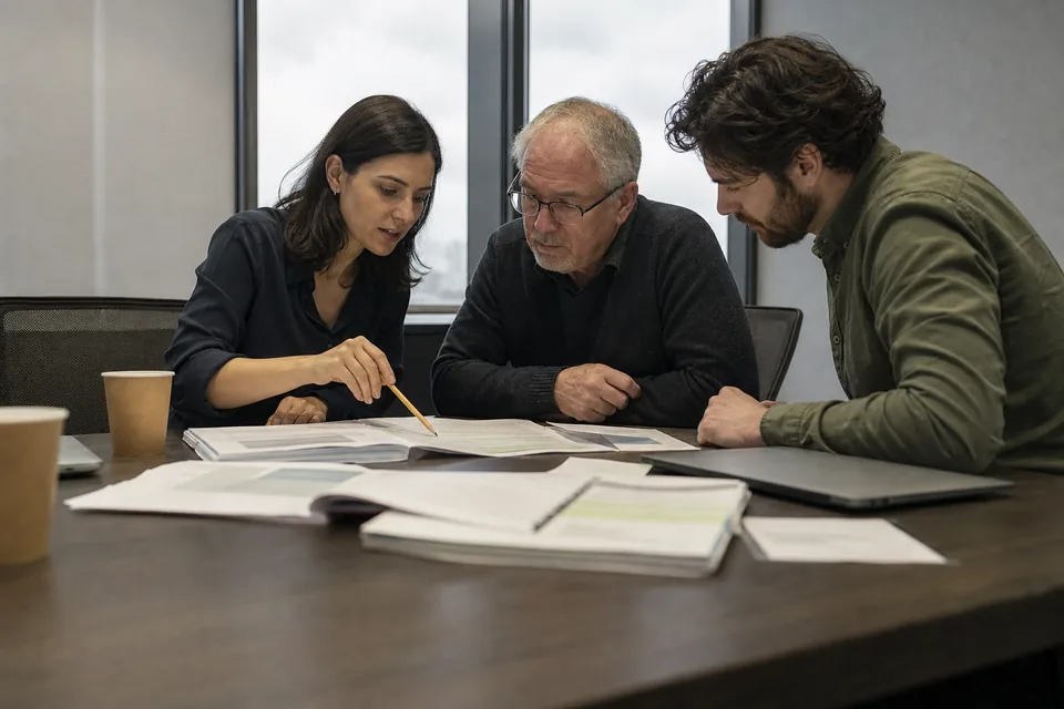Three colleagues at a meeting table comparing printed reports, one pointing at a highlighted paragraph